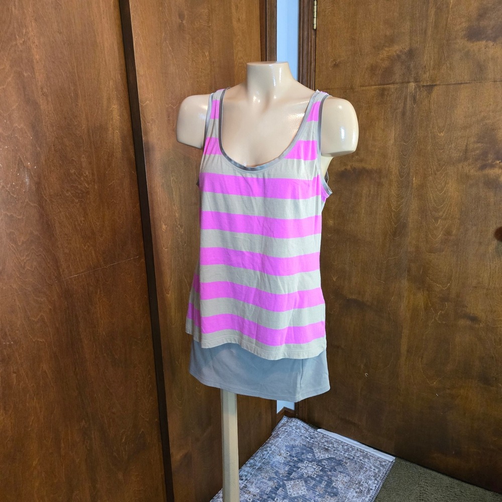 New‎ York & Company Womens Tank Top Large Pink Tan Satin Trim Scoop Neck Cotton